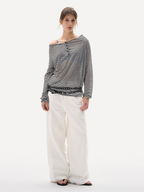 Greystorm - Women's Lightweight Striped Off-Shoulder Long Sleeve T-Shirt