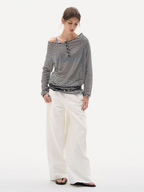 Greystorm - Women's Lightweight Striped Off-Shoulder Long Sleeve T-Shirt