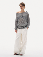 Greystorm - Women's Lightweight Striped Off-Shoulder Long Sleeve T-Shirt