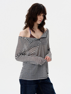 Greystorm - Women's Lightweight Striped Off-Shoulder Long Sleeve T-Shirt