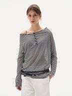 Greystorm - Women's Lightweight Striped Off-Shoulder Long Sleeve T-Shirt